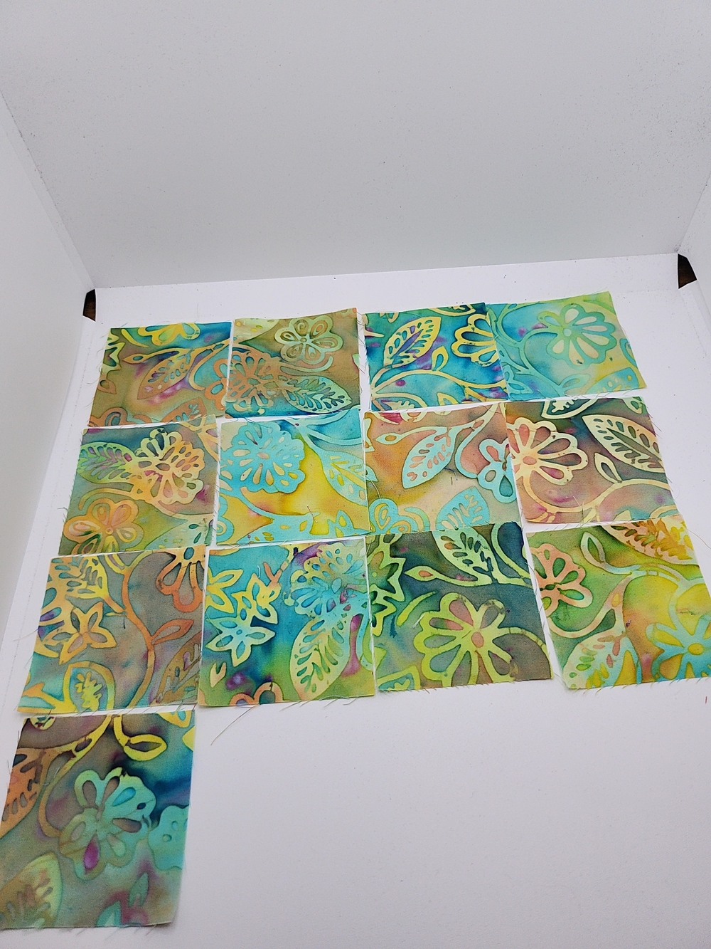 2.50 Inch Floral Batik Fabric Squares - Turquoise, Yellow & Green